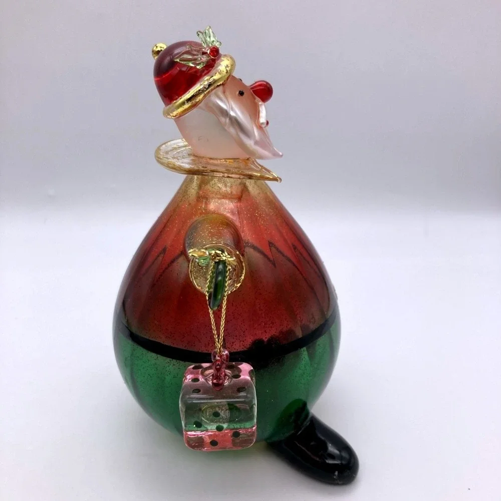 Vintage 1990's Hand Blown Glass Santa Figurine Pear Shaped Waving With Gift Fun